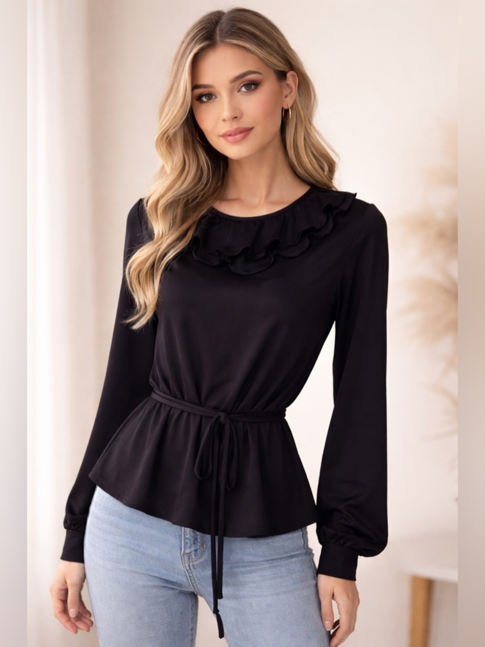 Women's Black Collared Tiered Ruffled Longsleeve Blouse Goth Romantic *READ*
